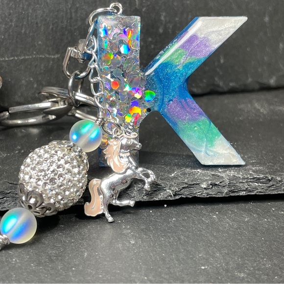 Custom Made Colorful Unicorn Keychain with Glitter Letter K - Picture 2 of 11